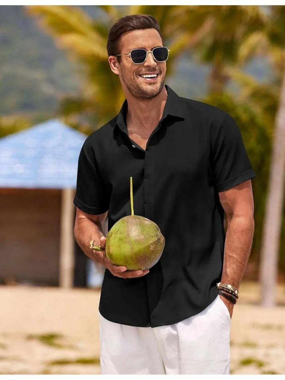 Men's Black Beach Linen Short Sleeve Casual Wedding Shirts Button Down